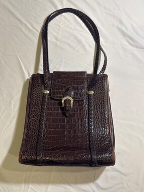 Vintage Brighton Brown Croc Embossed Leather Braided Strap Shoulder Bag Purse